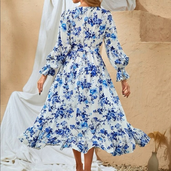 Boho Floral Print Long Flounce Sleeves Belted Maxi Dress - Picture 5 of 5